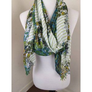 Vtg 70s Blue Green Yellow Boho Scarf with Fringe | Hippie Abstract Paisley Wrap